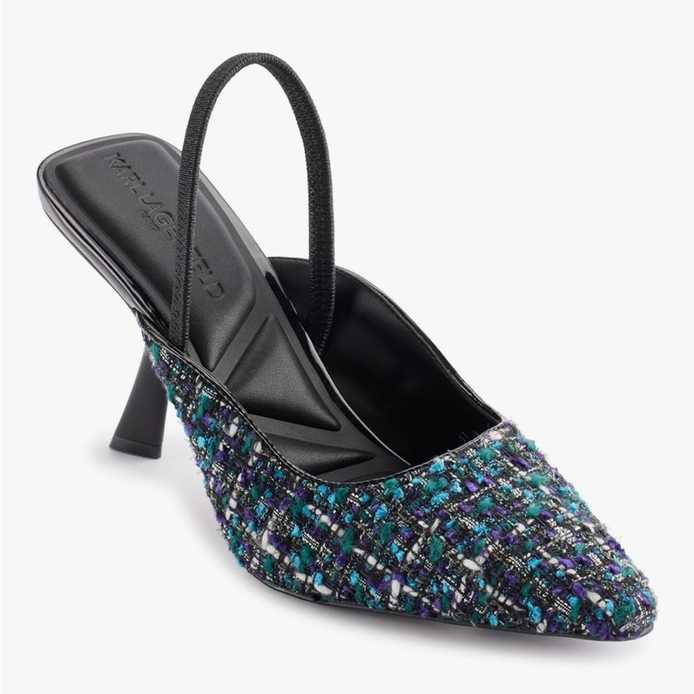 Karl Lagerfeld Women's Tweed Slingback Heels - Black and Blue
